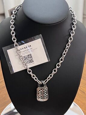 COACH Lucite Lock and Silver Chain Necklace
